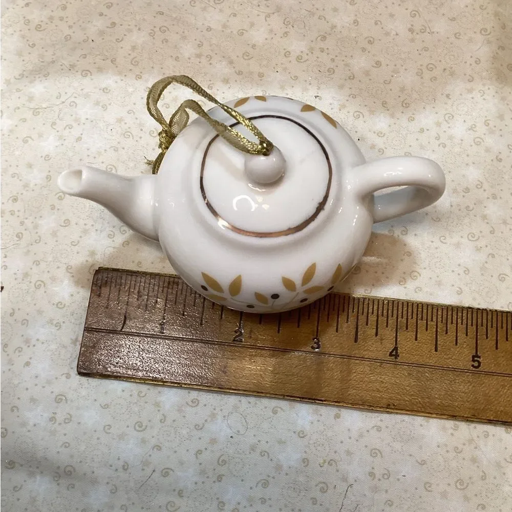 Mini Teapot Ornament Set 5 Porcelain Hanging Teapots Cream with Gold Trim